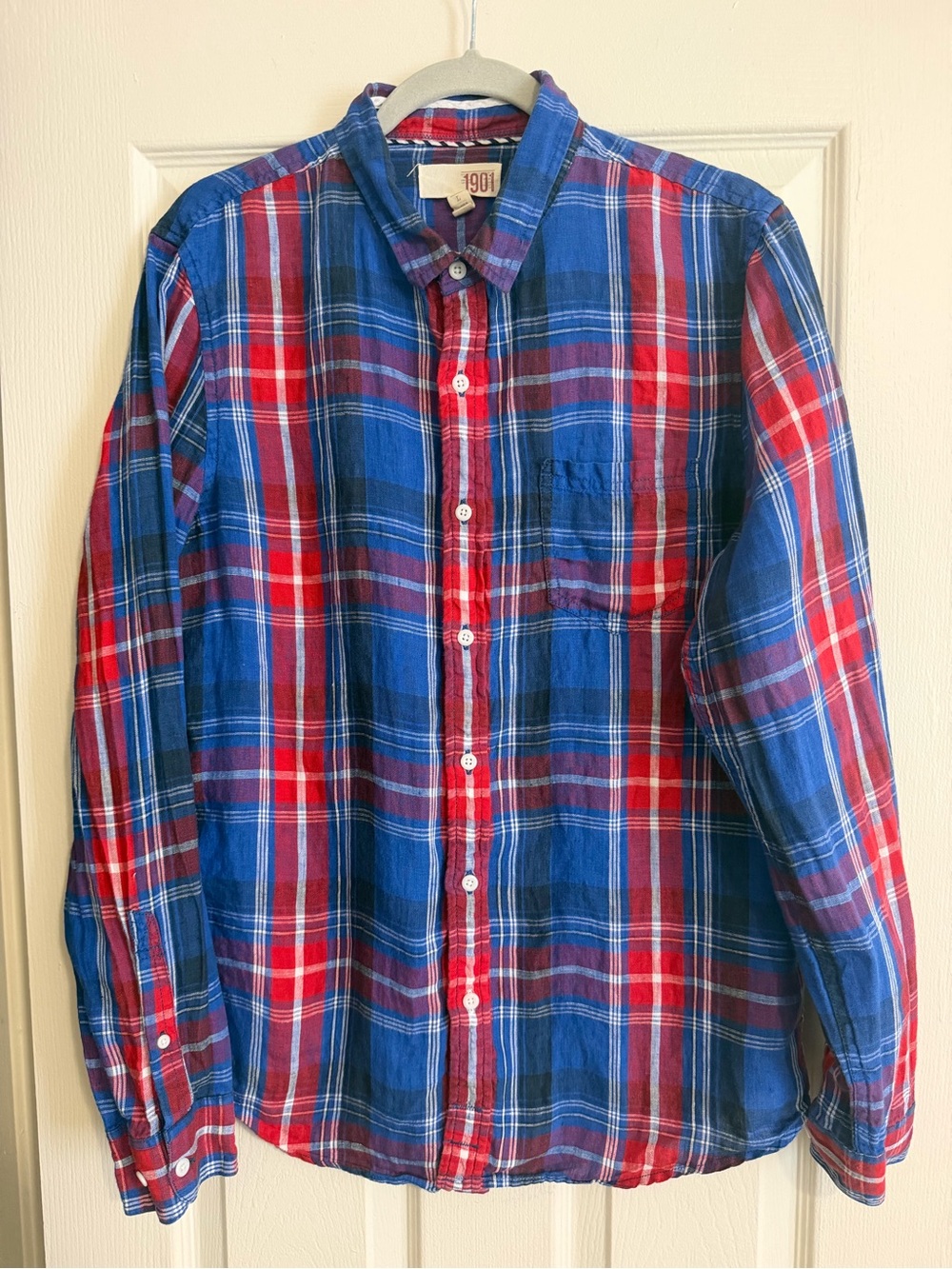 1901 Red and Blue Plaid Long-Sleeve Button-Down Shirt